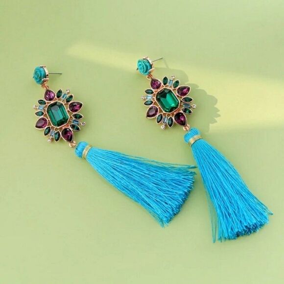 Flower Crystal Blue Tassel Fringe Vintage Gold Dangle Statement Earrings - Picture 7 of 9
